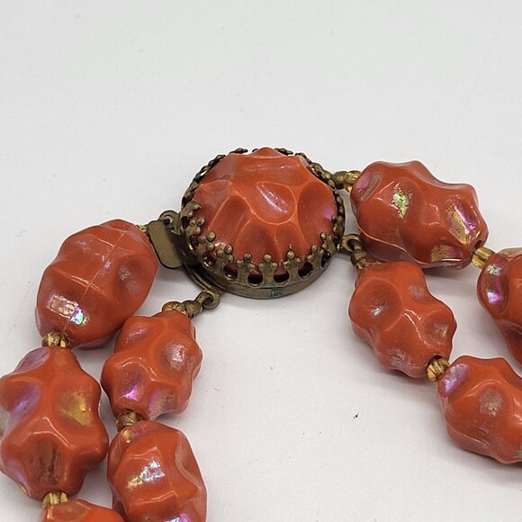 Vintage Austria Iridescent Molded Lumpy Coral Color Bead Necklace - Picture 6 of 12